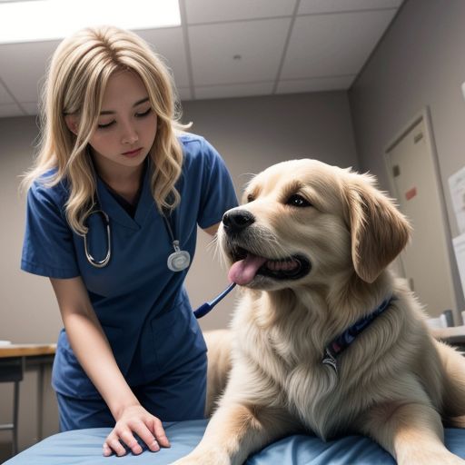 A veterinary technician with a stethoscope examining a dog